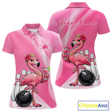 Load image into Gallery viewer, Front and back mockup of a pink women’s bowling polo shirt featuring a crowned flamingo holding a cocktail beside a bowling ball with hibiscus flower accents.