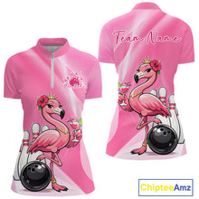Load image into Gallery viewer, Front and back view of a pink women’s bowling quarter-zip shirt featuring a crowned flamingo holding a cocktail beside a bowling ball with hibiscus flowers.