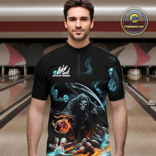 Custom Blue Skull Smoke Grim Reaper Bowling Men Quarter-Zip Shirt, Halloween Bowling Jerseys IPHW9900