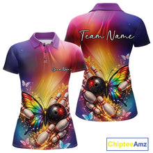 Load image into Gallery viewer, Front and back view of a women’s bowling polo shirt featuring a rainbow butterfly beside a bowling ball with scattered bowling pins.