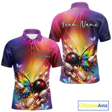 Load image into Gallery viewer, Front and back view of a men’s bowling polo shirt featuring a rainbow butterfly beside a bowling ball with scattered bowling pins.