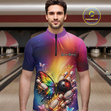 Load image into Gallery viewer, Male model wearing a bowling quarter-zip shirt at a bowling lane with a rainbow butterfly, bowling ball, and scattered pin artwork.