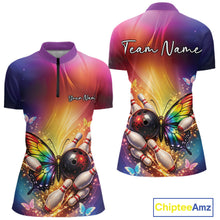 Load image into Gallery viewer, Front and back view of a women’s bowling quarter-zip shirt featuring a rainbow butterfly beside a bowling ball and scattered bowling pins.