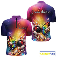 Load image into Gallery viewer, Front and back mockup of a men’s bowling quarter-zip shirt featuring a rainbow butterfly beside a bowling ball with scattered bowling pins.
