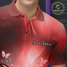 Load image into Gallery viewer, Close-up of the left chest area on a red bowling polo shirt showcasing a butterfly beside a bowling ball and scattered pins.
