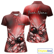 Load image into Gallery viewer, Front and back mockup of a red women’s bowling polo shirt featuring a butterfly beside a bowling ball with scattered bowling pins.