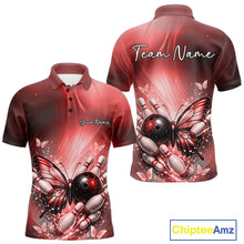 Load image into Gallery viewer, Front and back display of a red men’s bowling polo shirt featuring a butterfly beside a bowling ball and scattered bowling pins.