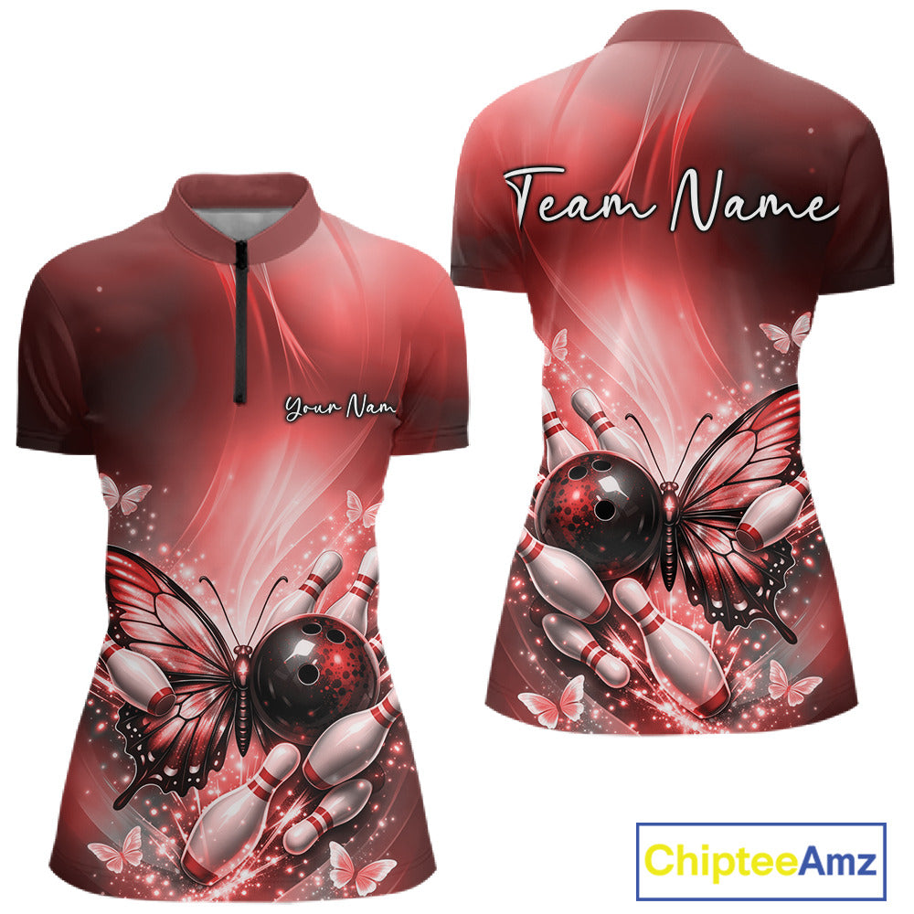 Front and back mockup of a red women’s bowling quarter-zip shirt showcasing a butterfly beside a bowling ball with scattered bowling pins.