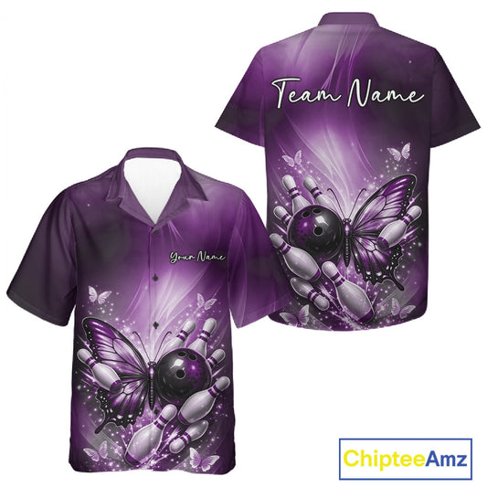 Purple button-up bowling shirt displayed from front and back with butterfly artwork, a bowling ball, and scattered pin graphics.