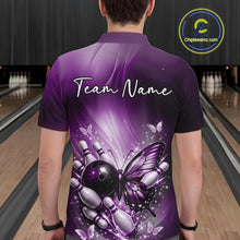 Load image into Gallery viewer, Back view of a male model in a bowling venue wearing a purple polo shirt showcasing a butterfly beside a bowling ball and pins.