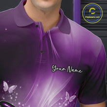 Load image into Gallery viewer, Close-up left chest view of a purple bowling polo shirt featuring a butterfly beside a bowling ball with scattered bowling pins.