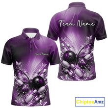 Load image into Gallery viewer, Front and back mockup of a purple men’s bowling polo shirt featuring a butterfly beside a bowling ball with scattered bowling pins.