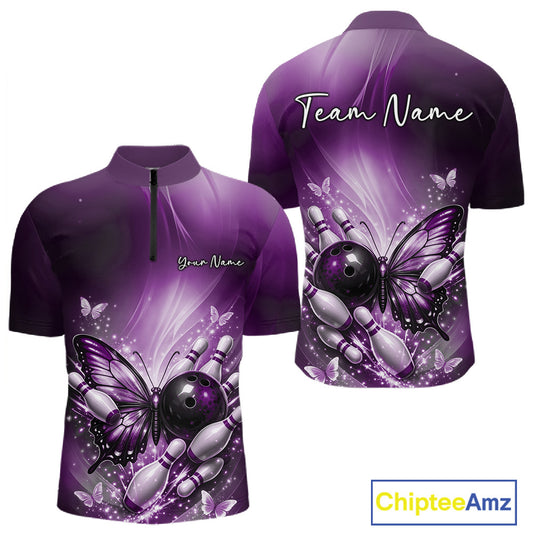 Front and back display of a purple men’s bowling quarter-zip shirt featuring a butterfly beside a bowling ball and scattered bowling pins.