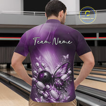Load image into Gallery viewer, Front view of a male model in a bowling alley wearing a purple quarter-zip shirt showcasing a butterfly beside a bowling ball.