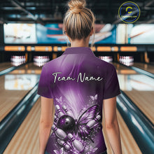 Load image into Gallery viewer, Back view of a female model in a bowling alley wearing a purple bowling quarter-zip shirt featuring a butterfly beside a bowling ball and pins.