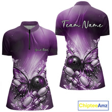 Load image into Gallery viewer, Front and back view of a purple women’s bowling quarter-zip shirt featuring a butterfly beside a bowling ball with scattered bowling pins.