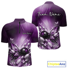 Load image into Gallery viewer, Front and back display of a purple men’s bowling quarter-zip shirt featuring a butterfly beside a bowling ball and scattered bowling pins.