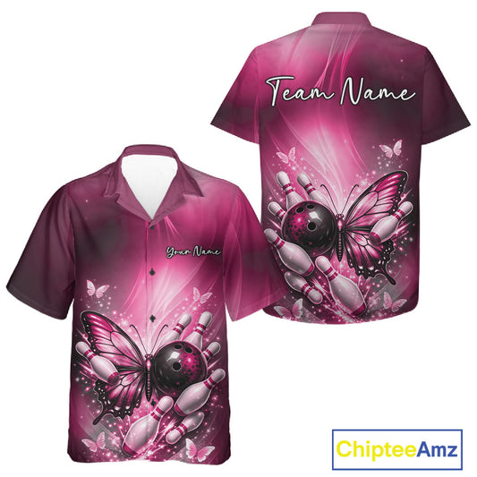 Front and back mockup of a pink button-up bowling shirt featuring a butterfly beside a bowling ball with scattered bowling pins.