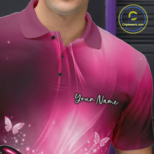 Load image into Gallery viewer, Close-up of the left chest on a pink bowling polo shirt showcasing a butterfly beside a bowling ball and scattered bowling pins.