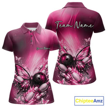 Load image into Gallery viewer, Front and back display of a pink women’s bowling polo shirt showcasing a butterfly beside a bowling ball with scattered bowling pins.