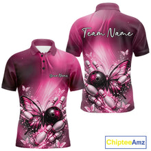 Load image into Gallery viewer, Front and back view of a pink men’s bowling polo shirt featuring a butterfly beside a bowling ball with scattered bowling pins.