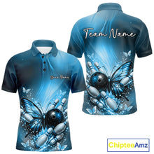 Load image into Gallery viewer, Front and back mockup of a blue men’s bowling polo shirt featuring a butterfly beside a bowling ball with scattered bowling pins.