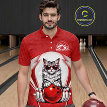 Load image into Gallery viewer, Male model at a bowling lane wearing a bowling polo shirt with a Maine Coon cat in sunglasses beside a bowling ball.