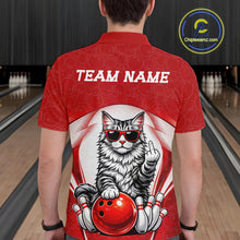 Load image into Gallery viewer, Back view of a male model in a bowling center wearing a white and red polo shirt showcasing a Maine Coon cat and bowling ball artwork.
