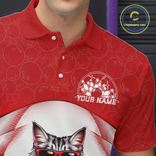 Load image into Gallery viewer, Close-up left chest view of a white and red bowling polo shirt featuring a Maine Coon cat wearing sunglasses and leaning on a bowling ball.