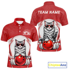 Load image into Gallery viewer, Front and back display of a white and red men’s bowling polo shirt featuring a Maine Coon cat wearing sunglasses and leaning on a bowling ball.