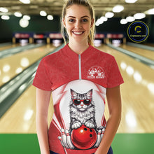 Load image into Gallery viewer, Female model at a bowling lane wearing a white and red bowling quarter-zip shirt with a Maine Coon cat in sunglasses leaning on a bowling ball.