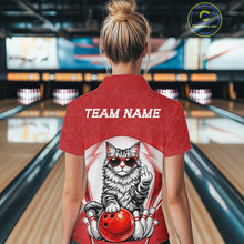 Load image into Gallery viewer, Back view of a female model wearing a quarter-zip bowling shirt showcasing a Maine Coon cat and bowling ball artwork.