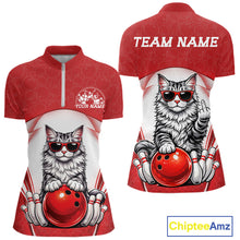Load image into Gallery viewer, Front and back view of a white and red women’s bowling quarter-zip shirt featuring a Maine Coon cat wearing sunglasses beside a bowling ball.