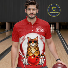 Load image into Gallery viewer, Male model wearing a bowling polo shirt at a bowling lane with a Bengal cat in sunglasses and bowling ball graphics.
