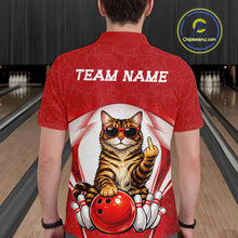 Load image into Gallery viewer, Back view of a male model in a bowling alley wearing a white and red polo shirt featuring a golden brown Bengal cat and bowling ball motif.