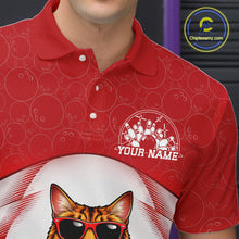 Load image into Gallery viewer, Close-up of the left chest on a white and red bowling polo shirt with a golden brown Bengal cat wearing sunglasses beside a bowling ball.