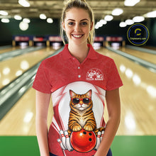 Load image into Gallery viewer, Female model wearing a bowling polo shirt at a bowling lane with a Bengal cat in sunglasses and bowling ball graphics.