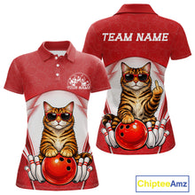 Load image into Gallery viewer, Front and back mockup of a white and red women’s bowling polo shirt featuring a golden brown Bengal cat in sunglasses leaning on a bowling ball.