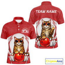 Load image into Gallery viewer, Front and back mockup of a white and red men’s bowling polo shirt featuring a golden brown Bengal cat in sunglasses leaning on a bowling ball.