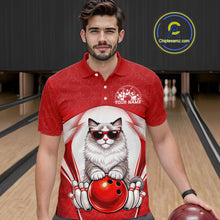 Load image into Gallery viewer, Male model at a bowling lane wearing a bowling polo shirt with a ragdoll cat in sunglasses and bowling ball artwork.