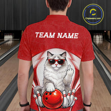 Load image into Gallery viewer, Back view of a male model in a bowling venue wearing a polo shirt showcasing a ragdoll cat beside a bowling ball.