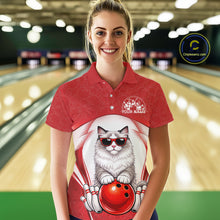Load image into Gallery viewer, Female model at a bowling lane wearing a bowling polo shirt with a ragdoll cat in sunglasses and bowling ball artwork.