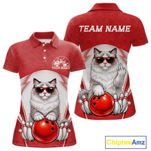 Load image into Gallery viewer, Front and back display of a white and red women’s bowling polo shirt featuring a ragdoll cat wearing sunglasses and leaning on a bowling ball.