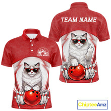 Load image into Gallery viewer, Front and back view of a white and red men’s bowling polo shirt featuring a ragdoll cat wearing sunglasses and leaning on a bowling ball.