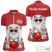 Load image into Gallery viewer, Front and back display of a white and red women’s bowling quarter-zip shirt featuring a ragdoll cat wearing sunglasses and leaning on a bowling ball.