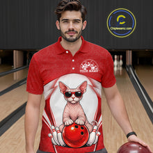 Load image into Gallery viewer, Male model at a bowling lane wearing a bowling polo shirt with a sphynx cat in sunglasses resting against a bowling ball.