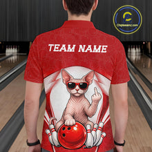 Load image into Gallery viewer, Back view of a male model in a bowling center wearing a white and red polo shirt featuring a sphynx cat and bowling ball graphics.