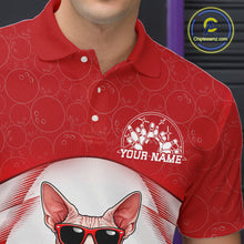 Load image into Gallery viewer, Close-up of the left chest area on a white and red bowling polo shirt featuring a sphynx cat in sunglasses beside a bowling ball.