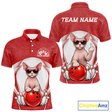 Load image into Gallery viewer, Front and back mockup of a white and red men’s bowling polo shirt showcasing a sphynx cat wearing sunglasses and leaning on a bowling ball.