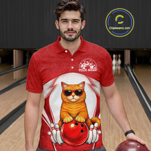 Load image into Gallery viewer, Male model wearing a white and red bowling polo shirt at a bowling lane with an orange British Shorthair cat and bowling ball artwork.